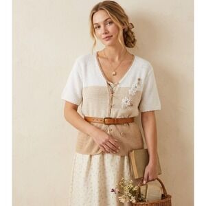 Sag Harbor White Tan Floral Embroidered Shirt Sleeve Cardigan Sweater Size Large